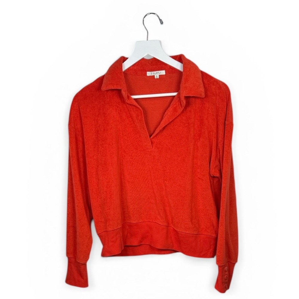 Evereve Z Supply Terrycloth Collared Long-sleeve Top in Orange W2280 Sz XS